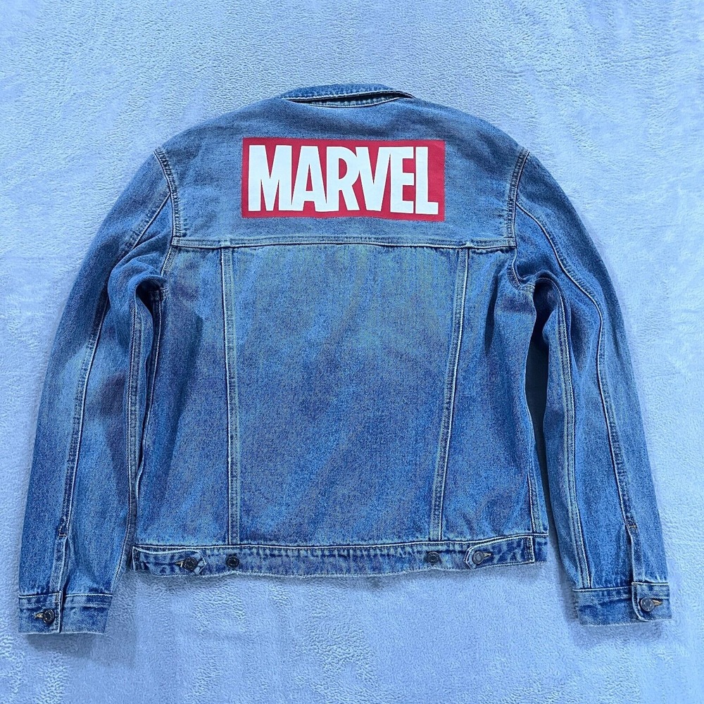 Marvel Jean‎ Jacket Men L Blue Trucker Comic Big Spell Out Y2K Street